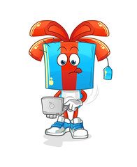 gift head cartoon with laptop mascot. cartoon vector