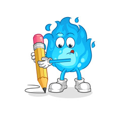 blue fire write with pencil. cartoon mascot vector