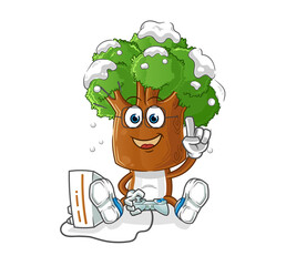 tree head cartoon playing video games. cartoon character