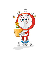 alarm clock head cartoon with a flower pot. character vector