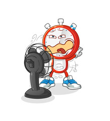 alarm clock head cartoon in front of the fan character. cartoon vector