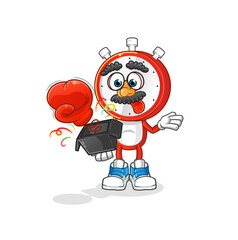alarm clock head cartoon prank glove in the box. cartoon mascot