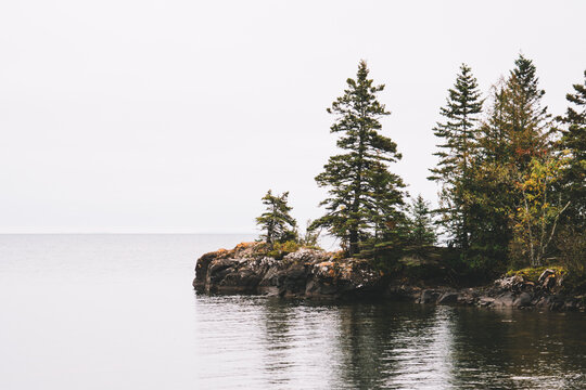 Rocky, rugged shoreline of Lake Superior near Grand Marais, Minnesota, during autumn fall season