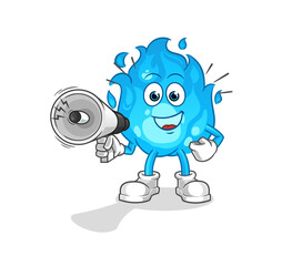 blue fire holding hand loudspeakers vector. cartoon character