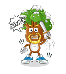 tree head cartoon knights attack with sword. cartoon vector