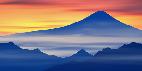 Fantasy on the theme of the mountain landscape. Mount Fuji in Japan at dawn. Vector illustration, EPS10