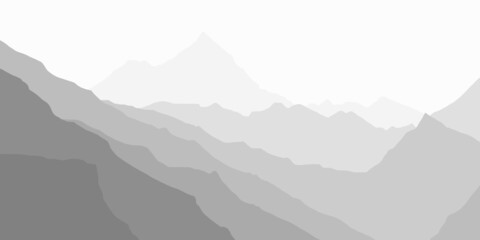 Vector illustration of mountains, ridge in the morning haze, black and white