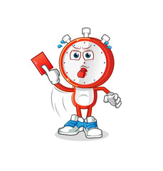 alarm clock head cartoon referee with red card illustration. character vector