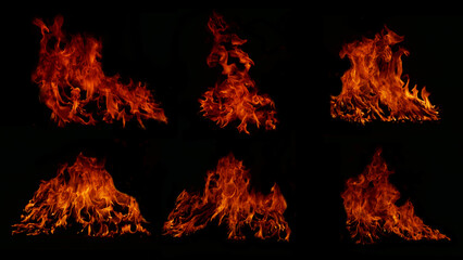 A collection of 6 flame images.Flame Flame Texture for whimsical fire backgrounds. Flame meat that has been burned from the stove or from cooking danger feeling abstract black background.