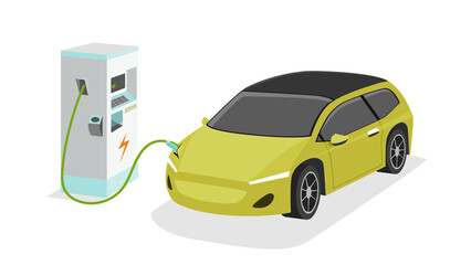 Electric Vehicle sport car charging parking at the charger station with a plug in cable.  Charging in the top side of car to battery. Isolated flat vector illustration on white background.
