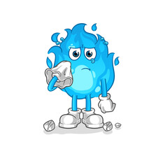 blue fire cry with a tissue. cartoon mascot vector