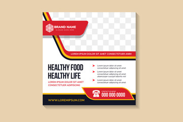 healthy food healthy life headline of social media post design template with space for text and photo.  horizontal booklet cover using red, yellow and dark blue color on elements. website feed story