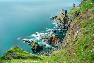 Botallack Crown tin mines,perched delicately on the cliffs edge,next to the Atlantic ocean,West...