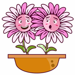 daisy gerbera flowers smile in pot cartoon cute