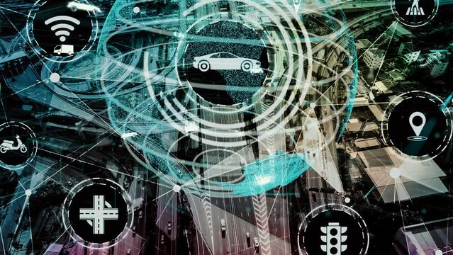 Smart transport technology concept for future car traffic on newish city road . Virtual intelligent system makes digital information analysis to connect data of vehicle on city street .