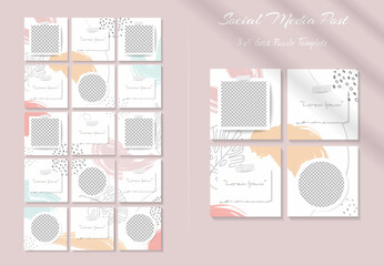 Social media feed post template with Abstract floral and organic shapes in grid puzzle style. Perfect for branding and product marketing.
