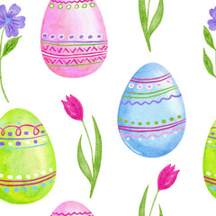 Watercolor seamless hand drawn pattern with Easter eggs bunnies rabbit in pastel pink green blue colors. Spring april background for party decor wrapping paper textile.