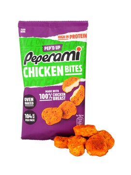 Peperami chicken bites cooked chopped and shaped chicken in a smoky tikka style glaze oven baked snack food