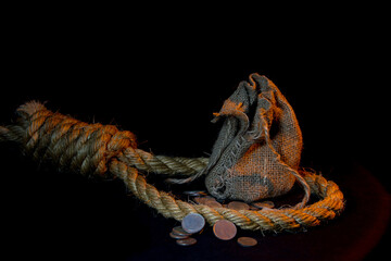 30 silver coins and a gallows, symbols of the betrayal of Judas - obrazy, fototapety, plakaty