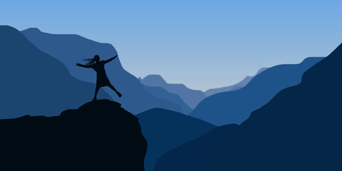 Businesswoman motivation and Top Mountains  inspiration concept , Young happy Woman Jumps  of joy. 