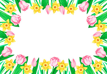 A rectangular frame of daffodils and tulips. Watercolor illustration. Isolated on a white background