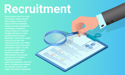 Recruitment of personnel.Search for new employees.The specialist studies the questionnaire and conducts an interview online,.Poster in business style.Flat vector illustration.