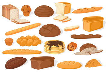 Fototapeta na wymiar Fresh bread and rolls.Confectionery products.Croissant and French baguette, loaf of bread and pancake.Sandwich bread and rye loaves.A set of vector illustrations made of flour.Bread shop assortment .