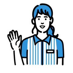 片手を上げて笑顔で挨拶をしているコンビニ店員の若い女性
