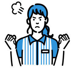 両手を上げて怒っているコンビニ店員の若い女性
