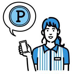スマホを持ってポイントの説明をしているコンビニ店員の若い女性
