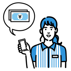 スマホを持ってお金の説明をしているコンビニ店員の若い女性
