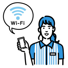 スマホを持ってWi-Fiの説明をしているコンビニ店員の若い女性
