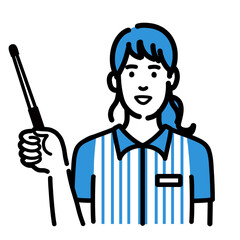 指し棒で解説しているコンビニ店員の若い女性
