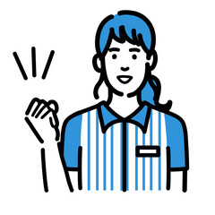 笑顔でガッツポーズをしているコンビニ店員の若い女性
