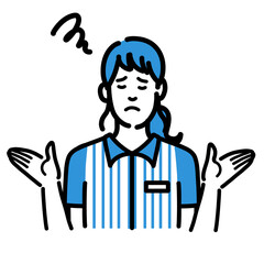 両手を上げて困っているコンビニ店員の若い女性
