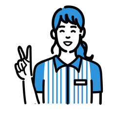 ピースサインをして笑顔のコンビニ店員の若い女性
