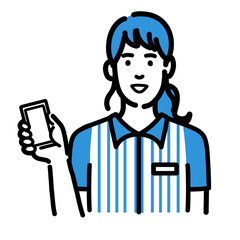 スマホを持って笑顔で説明をしているコンビニ店員の若い女性
