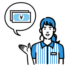 笑顔でお金の説明をしているコンビニ店員の若い女性
