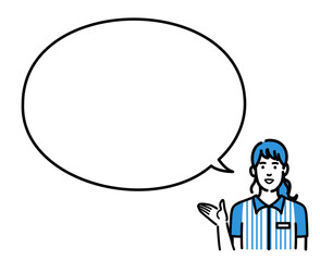 吹き出しで説明をするコンビニ店員の若い女性
