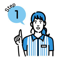 ステップ1 手順について説明をしているコンビニ店員の若い女性
