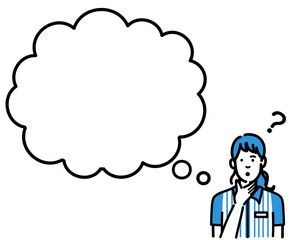 吹き出しで考えているコンビニ店員の若い女性
