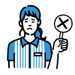 バツの札を持って残念そうなコンビニ店員の若い女性
