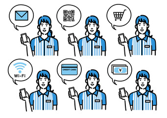 スマートフォンを持って説明をしているコンビニ店員の若い女性のセット
