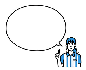 吹き出しで説明をするコンビニ店員の若い女性
