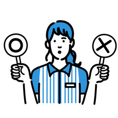マルバツの札を持って考えているコンビニ店員の若い女性
