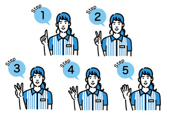 手順について説明をしているコンビニ店員の若い女性のセット
