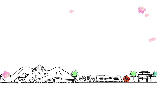 春の沖縄の観光地の街並みシンプル線画ループアニメーション