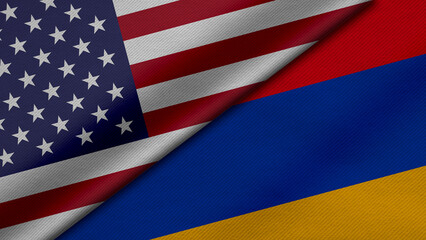 3D Rendering of two flags from Federal United States of America and Republic of Armenia together with fabric texture, bilateral relations, peace and conflict between countries, great for background