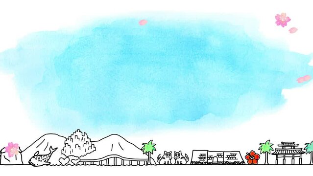 春の沖縄の観光地の街並みと青空のシンプル線画ループアニメーション