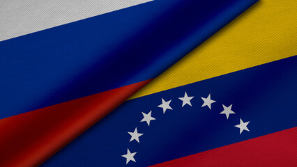 3D Rendering of two flags from Russian Federation and  Republic of Venezuela together with fabric texture, bilateral relations, peace and conflict between countries, great for background
